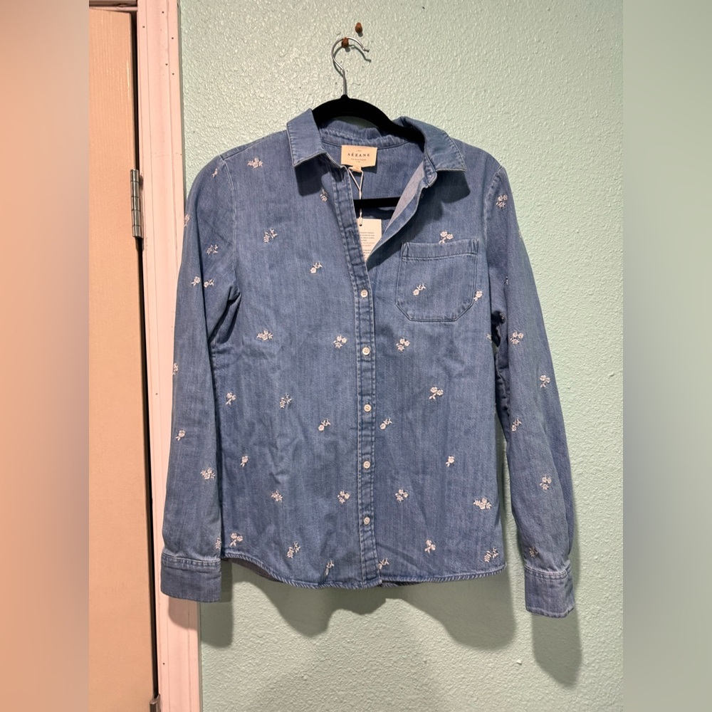 Sezane CHEMISE TOMBOY DENIM BRODÉ Long Sleeve Button Down NWT size 32
